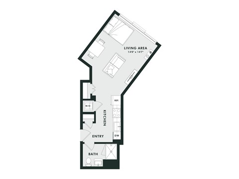 A floor plan of a small apartment with a living area, kitchen, entry, and bath.